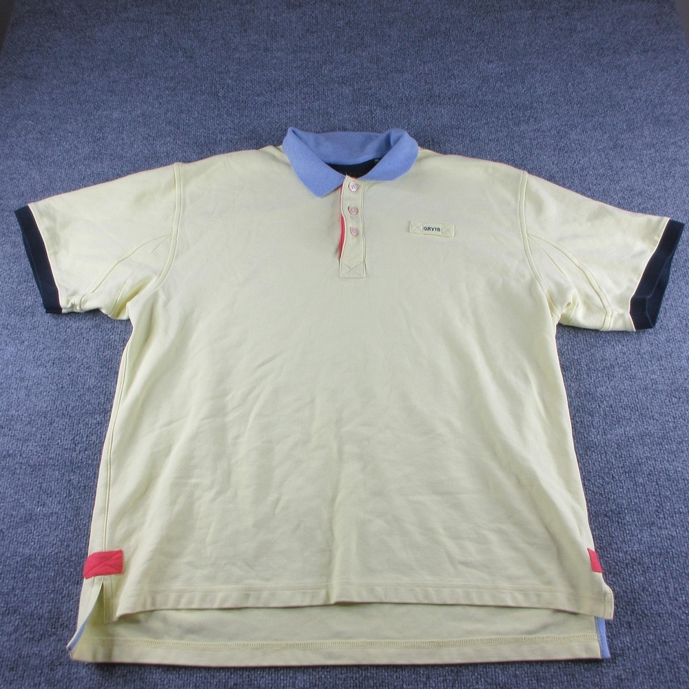 Orvis Polo Shirt Mens XL Yellow Short Sleeve Cotton Contrast Collar Logo